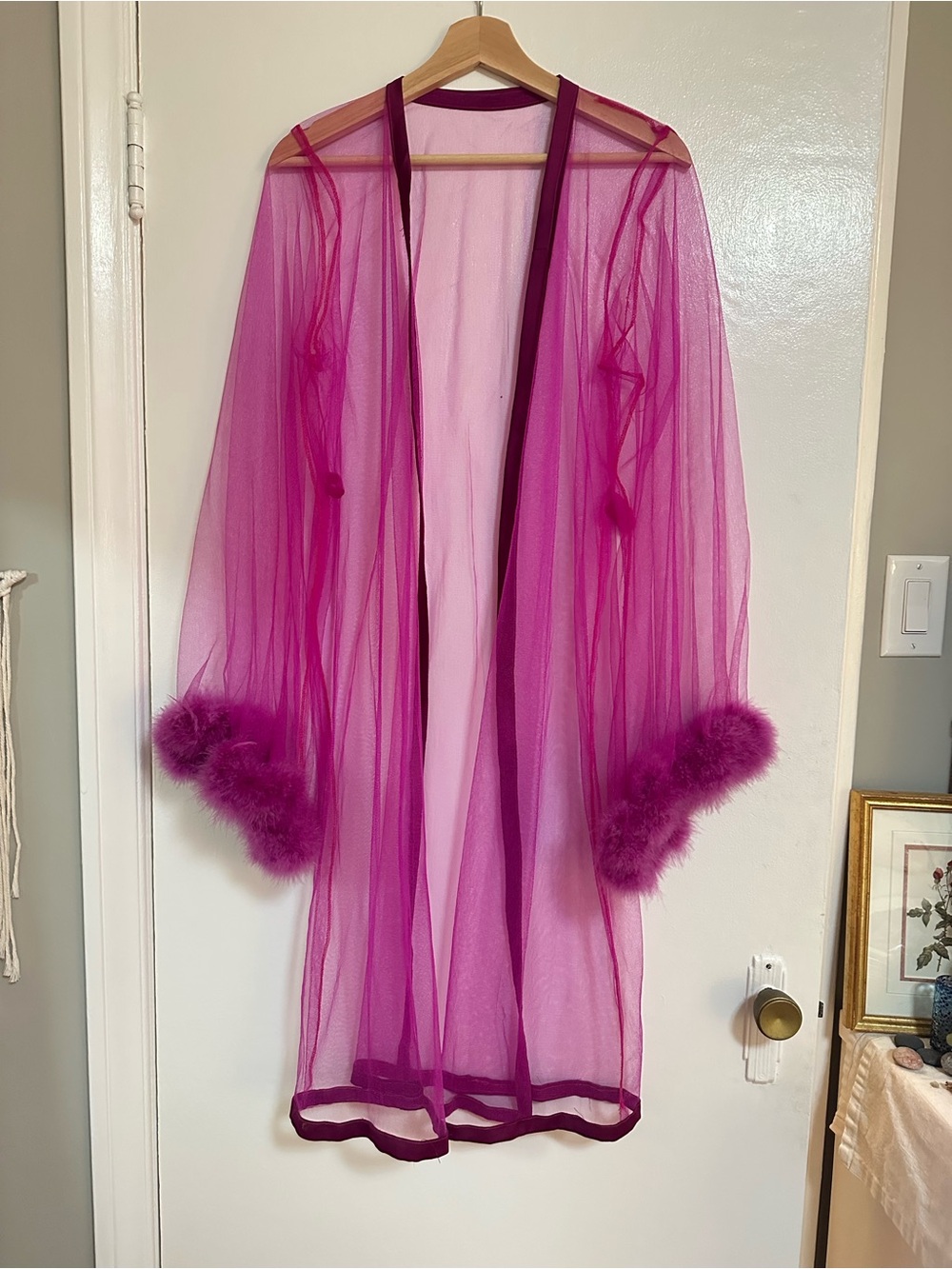 Sheer Marabou-Trim Robe - Fuchsia Pink